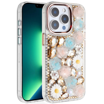 For Apple iPhone 13 Pro Max Fashion Daisy Floral Series, Full 3D Bling Crystal Diamonds Sparkling Rhinestone Glitter Hybrid Design Case Cover Gold