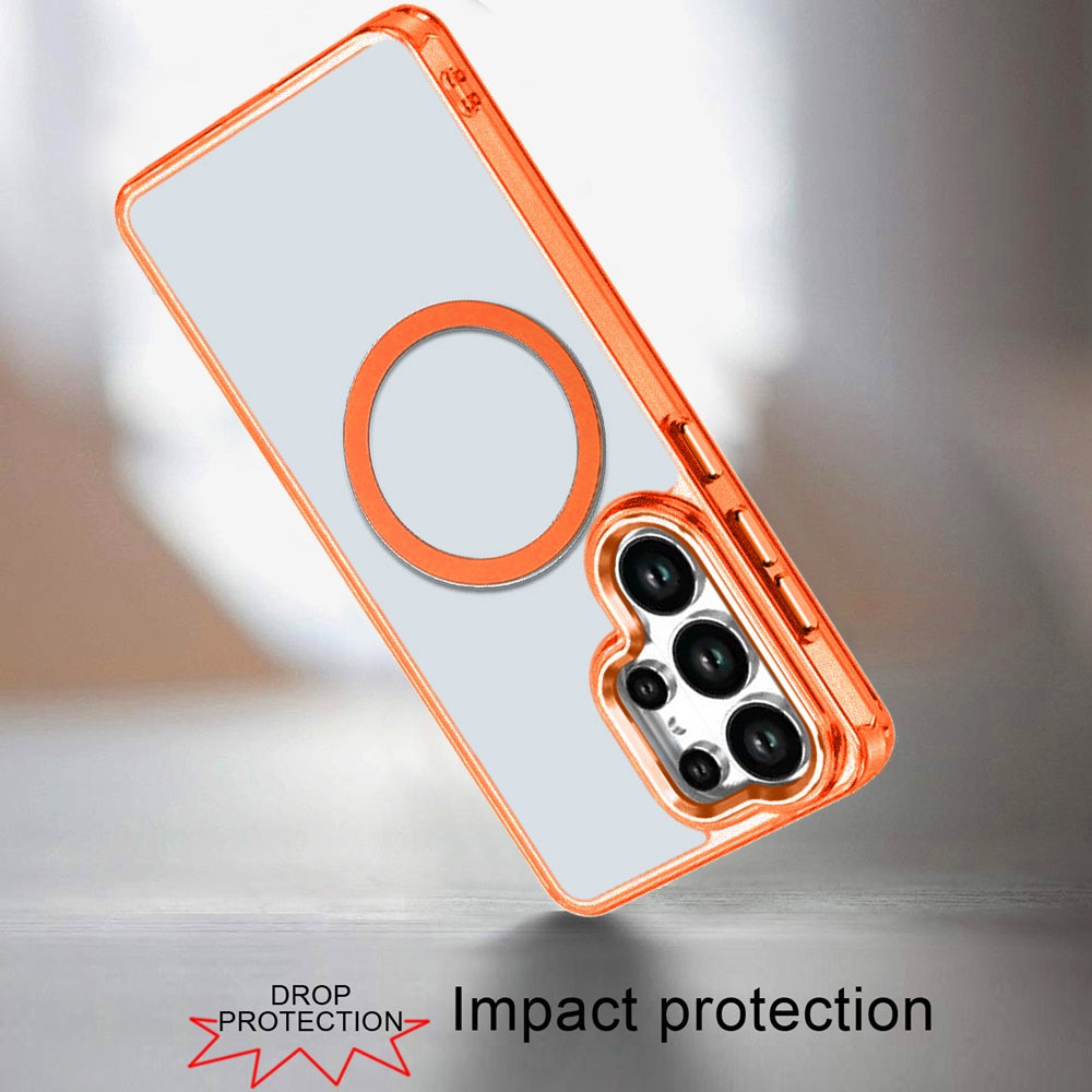 For Samsung Galaxy S25 Ultra Transparent Back Hybrid Case - Magnetic Circle, Color Frame, Metal Buttons, MagSafe Compatible Case Cover