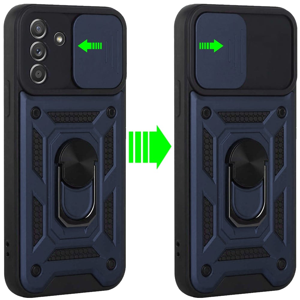 For Samsung Galaxy A15 5G Hybrid Case with Slide Camera Lens Cover, Ring Kickstand, Heavy-Duty Dual Layer TPU, Fit Magnet Car Mount Case Cover