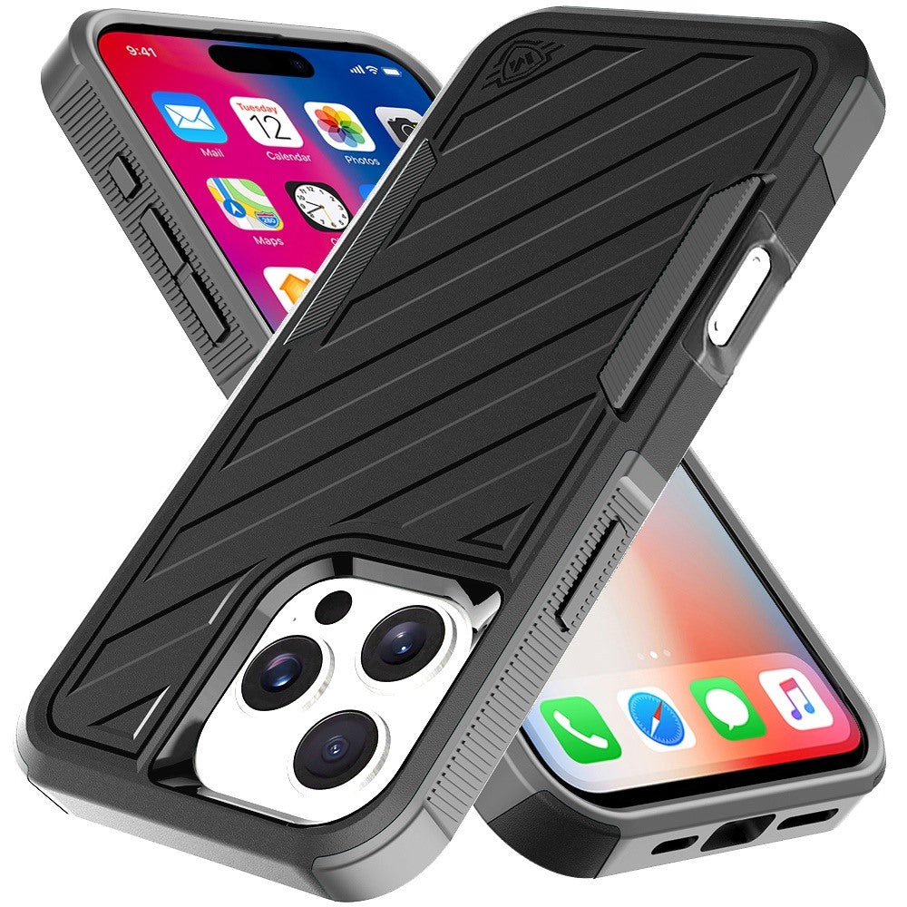 For Apple iPhone 16 Pro Hybrid lined shockproof dual layer Rugged 2in1 Hard PC & Silicone TPU Non Slip Textured Tough Armor Case Cover Black+Grey