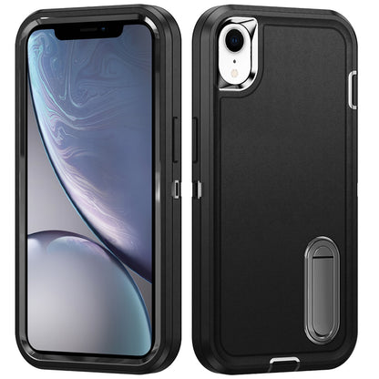 For iPhone XR Hybrid 3 Layers Hard 3in1 Shockproof with Kickstand Heavy Duty Hard TPU Rubber Anti-Drop Case Cover Black +Black