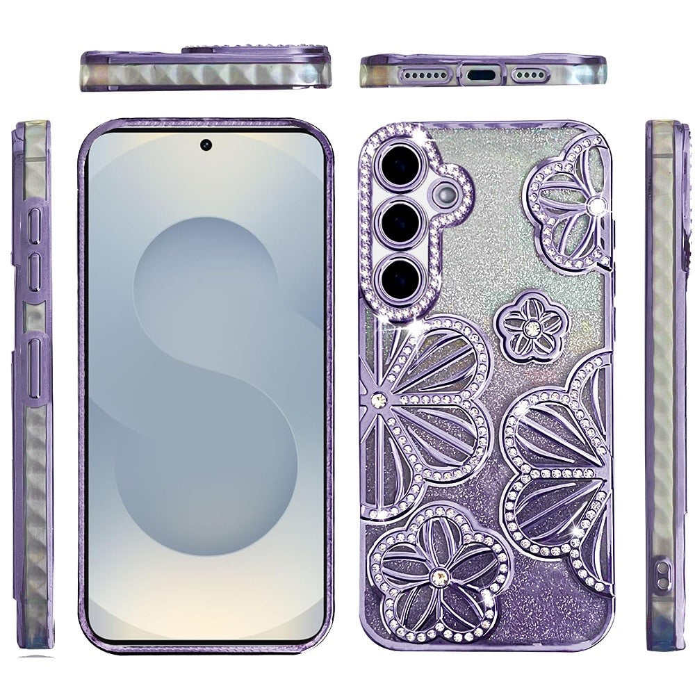 For Samsung Galaxy S26 Luxury Flower Design Sparkle Glitter Diamond Rhinestone Shimmer Bling Plating Thick TPU Hard PC Case Cover