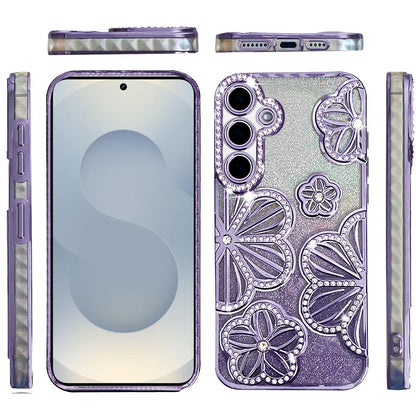 For Samsung Galaxy S26 Luxury Flower Design Sparkle Glitter Diamond Rhinestone Shimmer Bling Plating Thick TPU Hard PC Case Cover