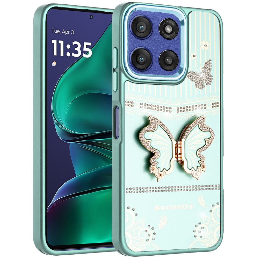 For Motorola Moto G Stylus 5G 2026 /2025 Glitter 3D Butterfly Design Bling Metallic Edge Hybrid Stand Drop Protection TPU Shockproof Case Cover