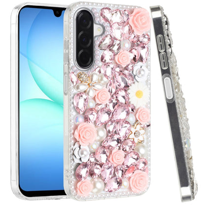 For Samsung Galaxy A17 5G Fashion Rose Flower Floral Bling Crystal 3D Full Diamonds Pearl Sparkle Rhinestone Glitter Hybrid Case Cover