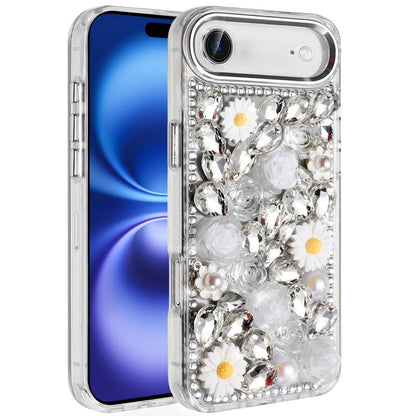 For Apple iPhone 17 Air (6.6") Fashion Daisy Floral Series, Full 3D Bling Crystal Diamonds Sparkling Rhinestone Glitter Hybrid Design Case Cover