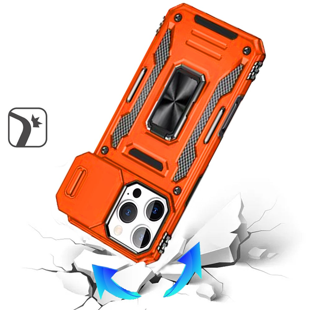 For iPhone 16 Pro Max (6.9") Tough Hybrid Case with Movable Camera Window & Metal Ring Stand Shockproof Case Cover Cosmic Orange