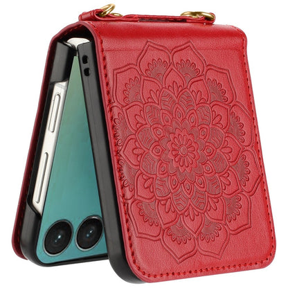 For Samsung Galaxy Z Flip 7 FE Embossed Floral PU Leather Henna Mandala Design Flip Cover with Strap, Hybrid Protective Case Cover Red