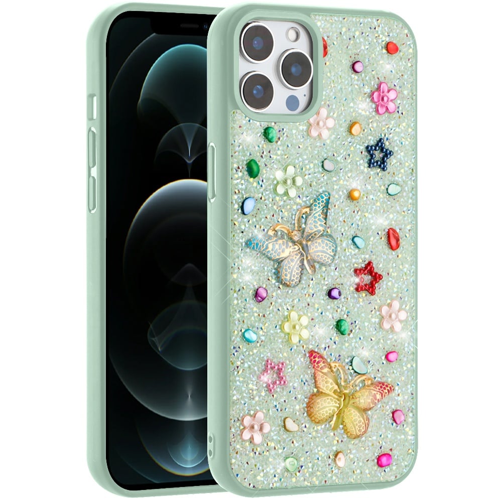 For Apple iPhone 12 Pro Max Diamond Butterfly 3D Glitter Bling Design, Slim Hybrid Sparkle Protective Cover TPU for Women Girls Case Cover Teal