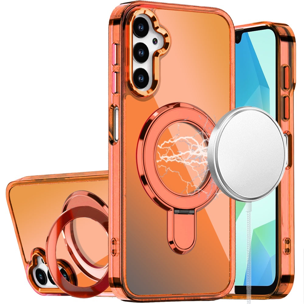 For Samsung Galaxy A16 5G Chrome Hybrid with Rotating Magnetic Circle Ring Stand, Slim Shockproof Hybrid Case Cover Cosmic Orange