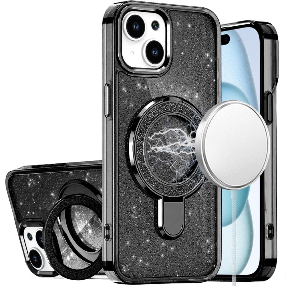 For iPhone 15 Plus (6.7") Transparent Glitter Bling Case with Rotating Magnetic Ring Stand, Shockproof Hybrid Case Cover Black