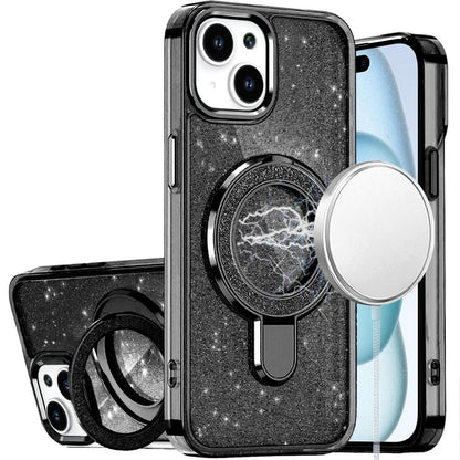 For iPhone 15 Plus (6.7") Transparent Glitter Bling Case with Rotating Magnetic Ring Stand, Shockproof Hybrid Case Cover Cosmic Orange