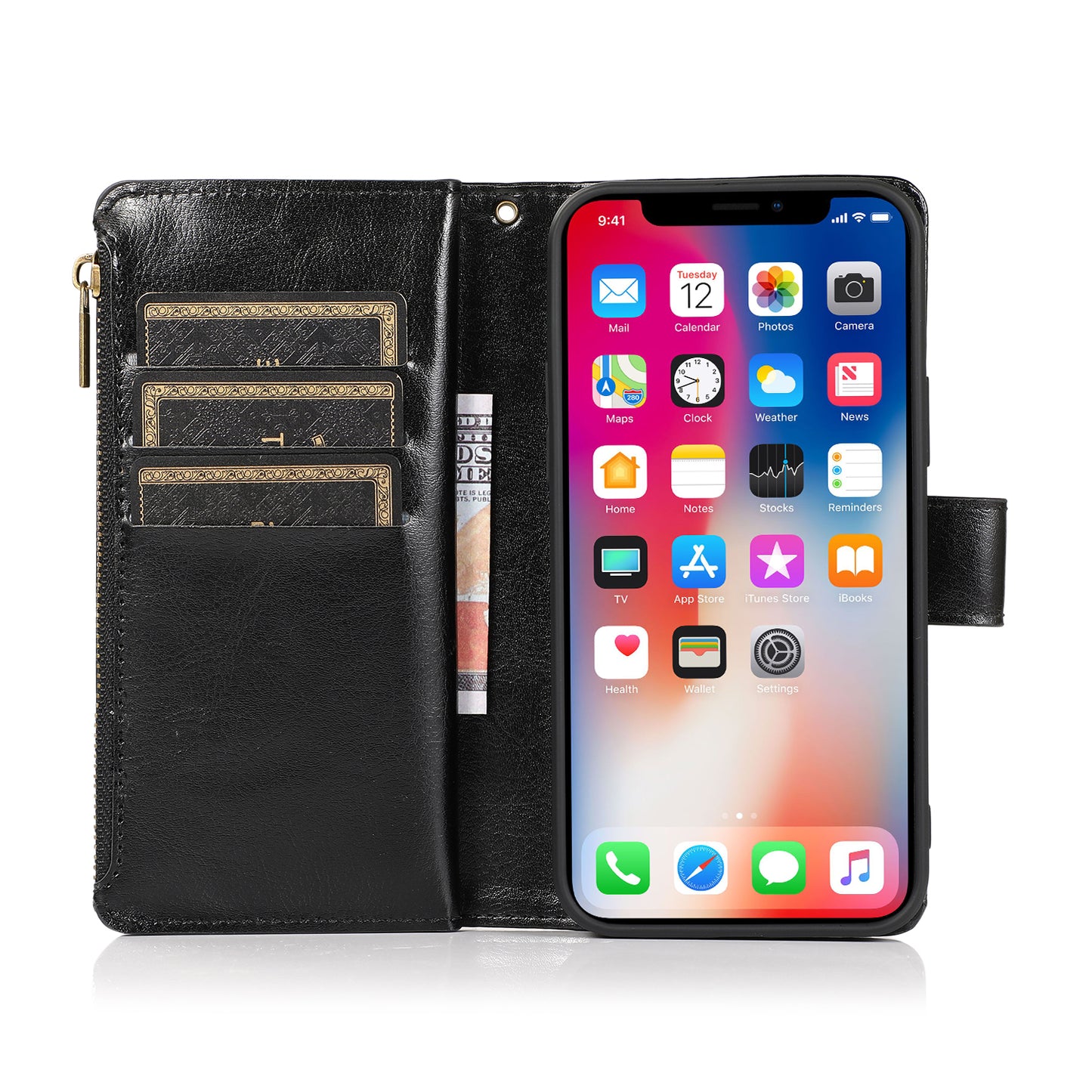 For Apple iPhone 17E /16E Leather Wallet Case with Zipper, 9 Card Slots, Cash Pocket, Stand & Strap, Clutch Pouch Design Case Cover Black