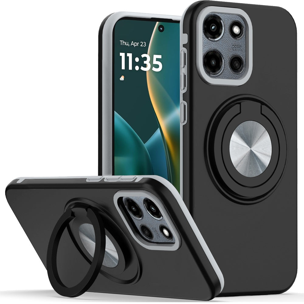 For Motorola Moto G Stylus 5G 2025 Metal Matte Hybrid with Invisible Rotational Ring Stand, Car Mount Friendly, Military Grade Slim Fit Sturdy Case Cover