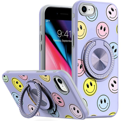 For Apple iPhone SE 3 (2022) SE/8/7 Pattern Design Hybrid with Invisible Ring Stand & Magnetic Back, Shockproof Protective Grip Case Cover