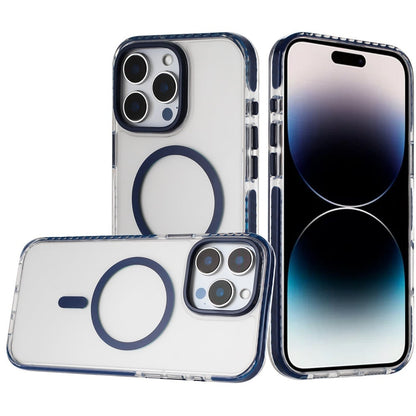 For iPhone 14 Pro Max (6.7") Transparent Hybrid with Color-Matched Magnetic Circle, Rubber TPU Frame Hard PC Shockproof Case Cover