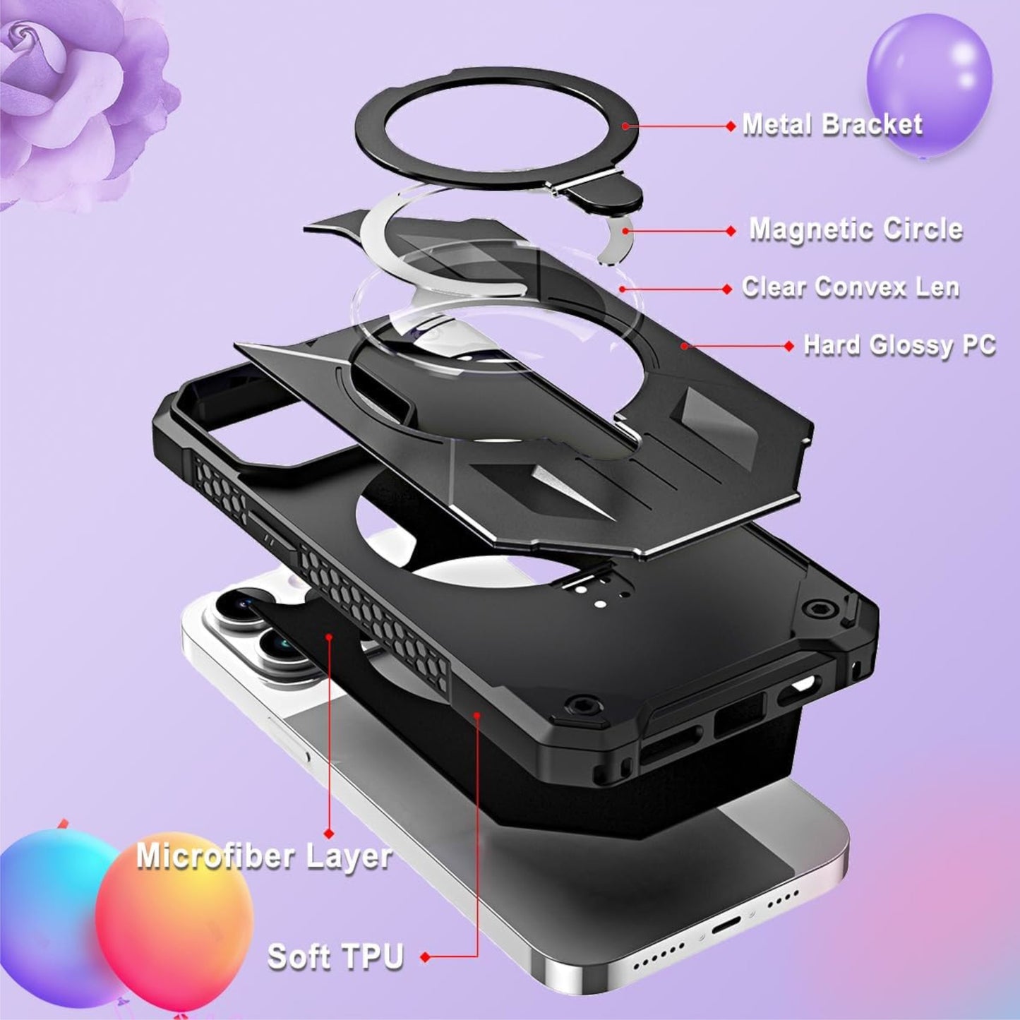 For Apple iPhone 15 (6.1") Hybrid Magnetic Ring Stand Invisible Foldable Military Grade Shockproof Fit with Magsafe  Phone Case Cover