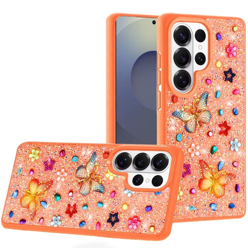 Phone Case for Samsung Galaxy S25 Ultra 3D Butterfly Diamond Bling Glitter Shockproof Stylish Protective Luxury Hybrid Sparkly Durable Grip Design Cover Cosmic Orange
