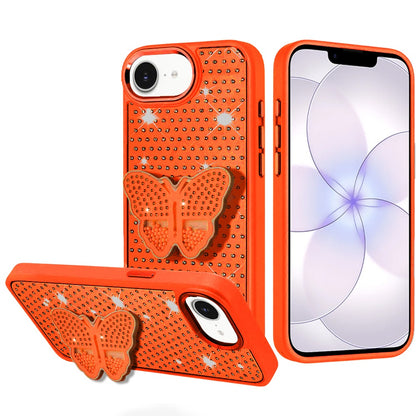 Phone Case for Apple iPhone 17E /16E Butterfly Grip Pop Stand Diamond Sparkle Hybrid Shockproof Metal Button Slim Protective Grip Decorative Design Cover Cosmic Orange