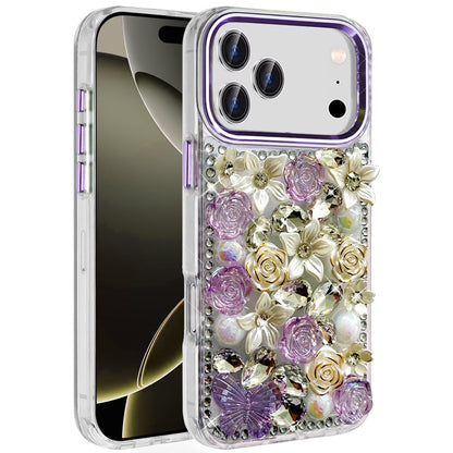 For Apple iPhone 17 Pro Max (6.9") 3D Diamond Floral Roses Flower Bling Stone Hybrid, Sparkly Rhinestone Gemstone Back Shockproof Case Cover