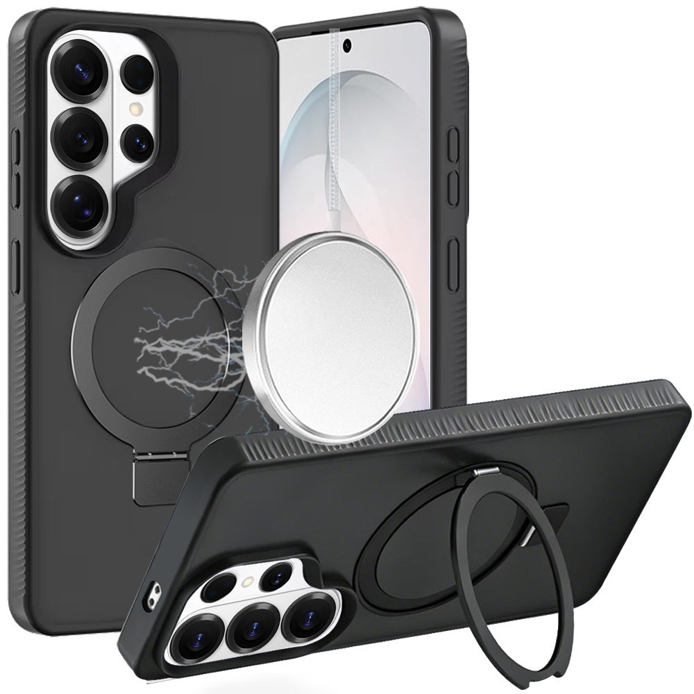 For Samsung Galaxy S26 Ultra Magnetic Circle Kickstand with MagSafe Compatibility, Matte Skin, Rugged Bumper, and Ring Holder Case Cover Black