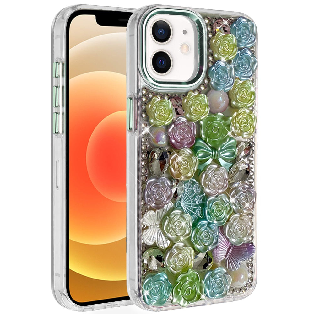 For iPhone 12 / iPhone 12 Pro (6.1") Muti-Color Floral Fashion Bling Crystal 3D Full Diamonds Stones Sparkle Rhinestone Glitter Hybrid Case Cover Green