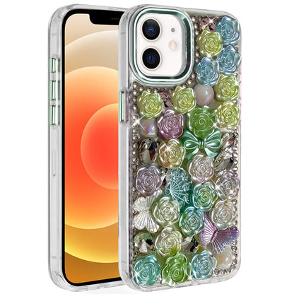 For iPhone 12 / iPhone 12 Pro (6.1") Muti-Color Floral Fashion Bling Crystal 3D Full Diamonds Stones Sparkle Rhinestone Glitter Hybrid Case Cover Green
