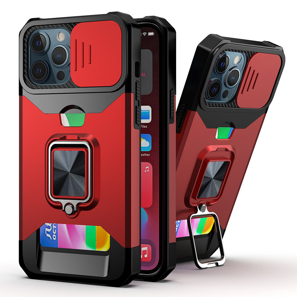 For Apple iPhone SE 3 (2022) SE/8/7 Wallet Case with Ring Stand & Slide Camera Cover Back Credit Card Slot Holder, Military Grade Case Cover Red