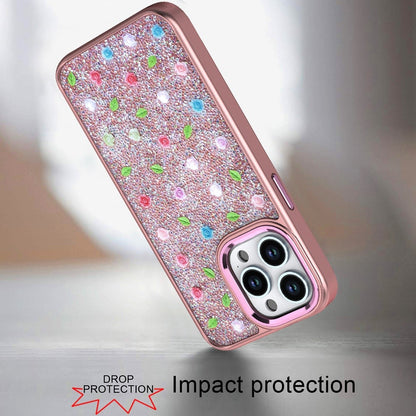 For Apple iPhone 12 /12 Pro Floral Design Embedded Glass Diamond Fancy Fashion Glitter Bling Sparkly Hybrid Rugged TPU Bumper Case Cover Rose Gold