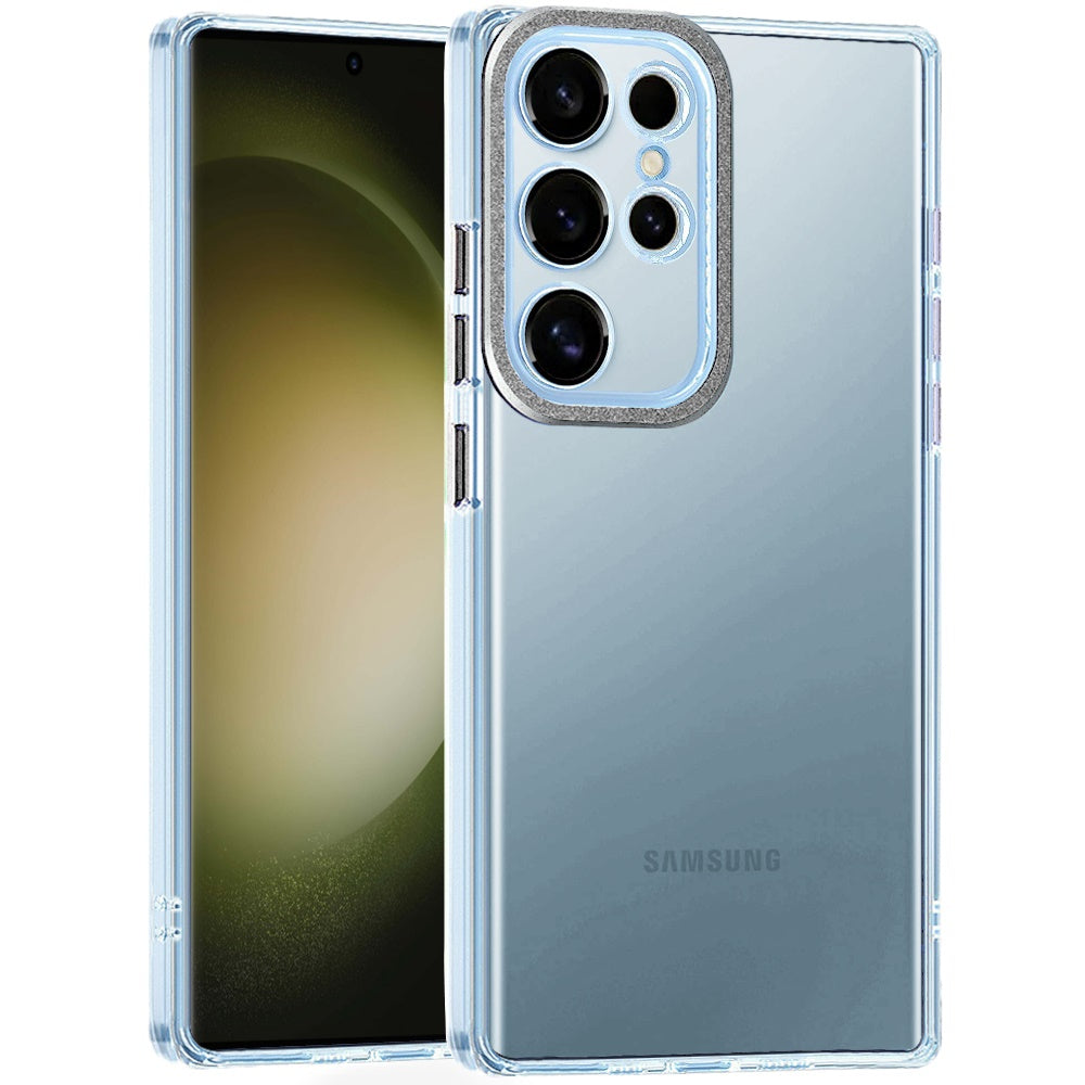 For Samsung Galaxy S23 Ultra Transparent Clear Hybrid with Matching Metal Buttons and Camera Protection Hard PC + TPU Rubber Case Cover