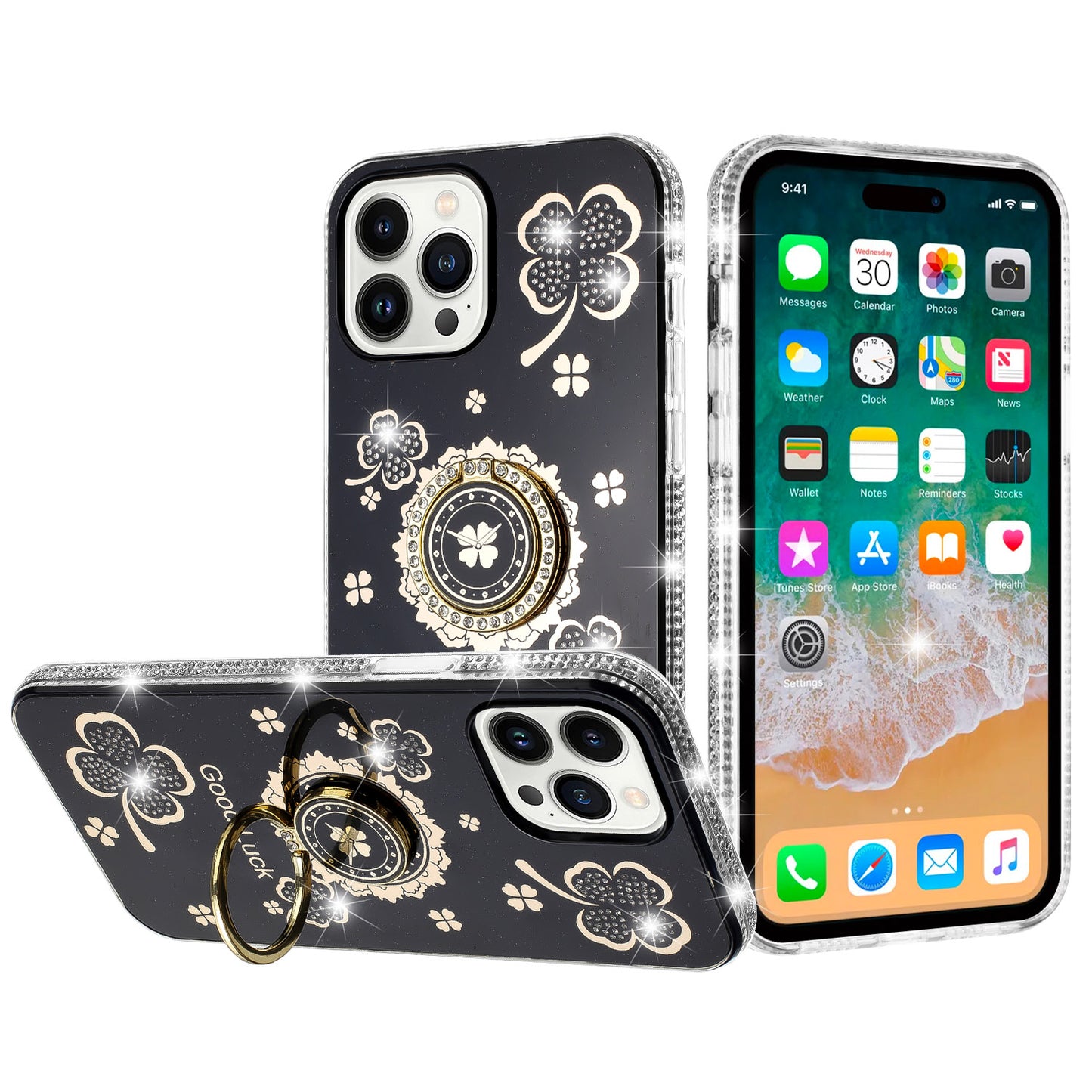 For Apple iPhone 12 /12 Pro Diamonds Bling All Around Edges Sparkly Glitter Hybrid with Ring Stand Holder Fashion Good Luck Case Cover Cosmic Orange