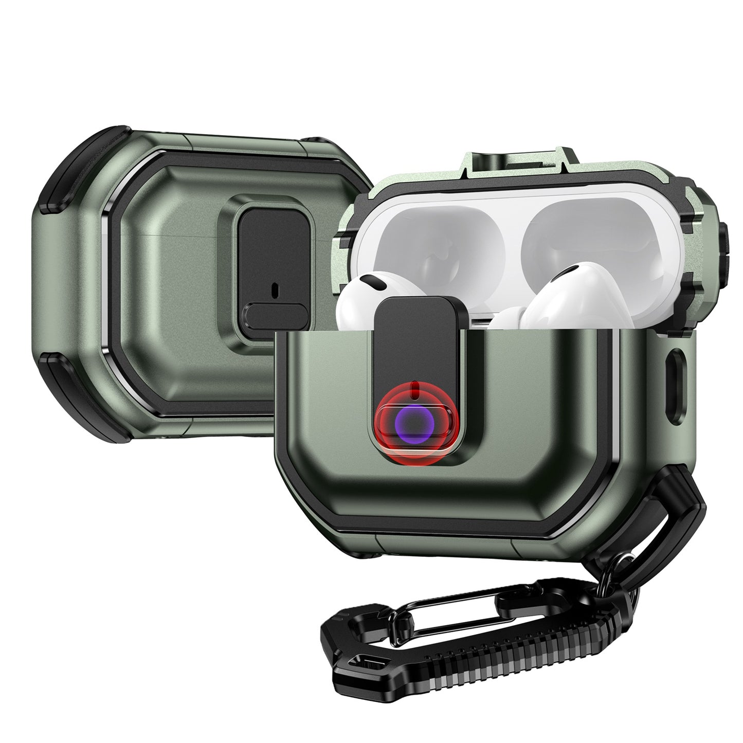 For Airpods 4 Heavy Duty Hybrid Snap Switch Button, Secure Lock Clip Super Protective with Carabiner Belt Loop Case Cover