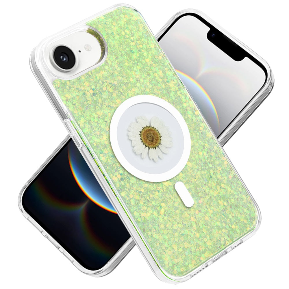 For Apple iPhone 17E /16E MagSafe Compatible Glitter Flower Epoxy Hybrid Slim TPU Case, Magnetic Circle Design, Sparkly Bling Protective Case Cover