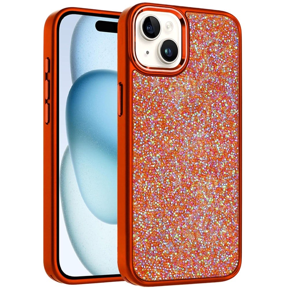 Phone Case for iPhone 15 (6.1") Crystal Glass Bling Diamond Metallic Edge Shockproof Durable Protective Clear Hybrid Stylish Premium Design Cover Cosmic Orange
