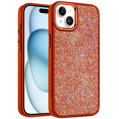 Phone Case for iPhone 15 (6.1") Crystal Glass Bling Diamond Metallic Edge Shockproof Durable Protective Clear Hybrid Stylish Premium Design Cover Cosmic Orange