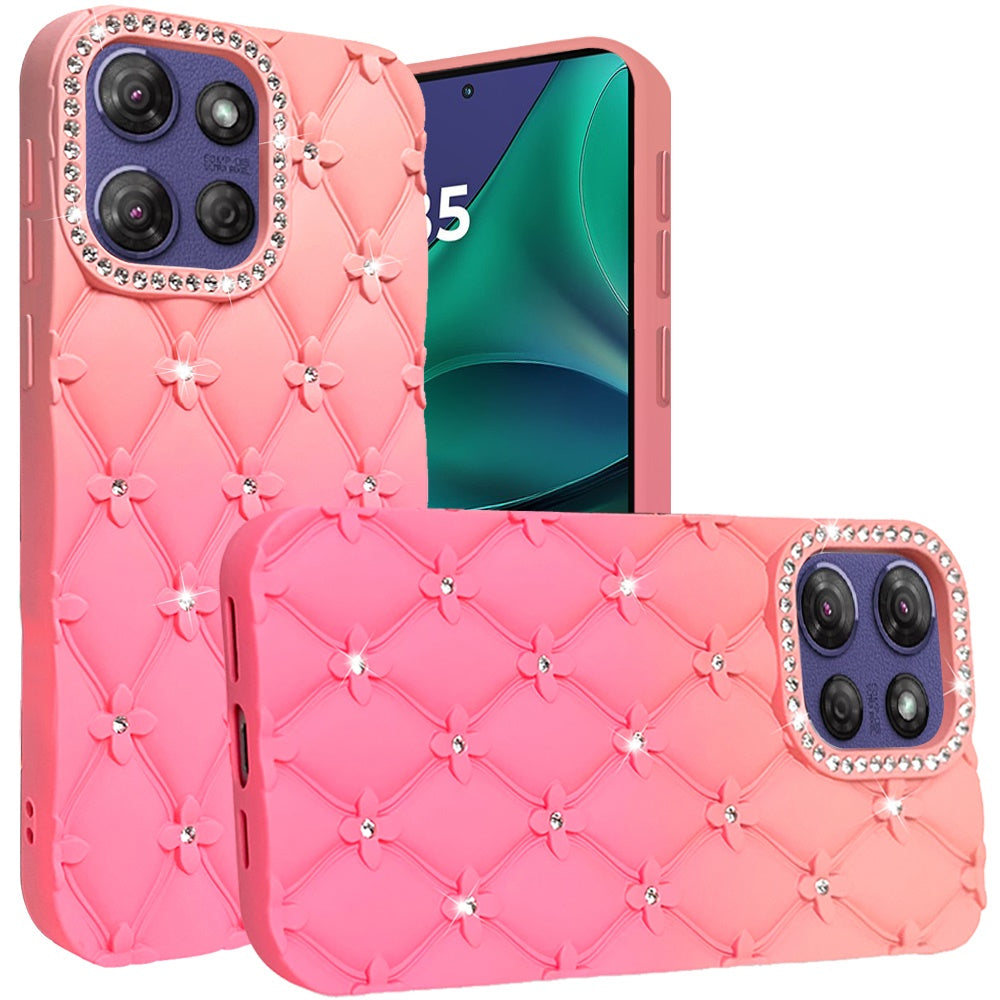 For Motorola Moto G Stylus 5G 2025 Fashion Flower Design Sparkle Glitter Shimmer Rhinestone Bling Floral Accents, Leather Texture TPU Case Cover