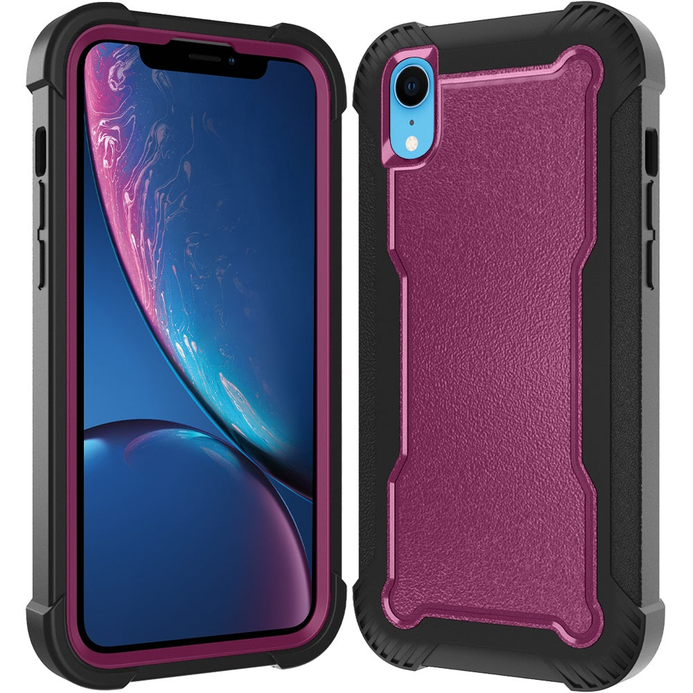 For iPhone XR Tough Hybrid Case - Shockproof 3-in-1 Armor Full-Body Protection PC + TPU Rubber Bumper Frame Case Cover Burgundy