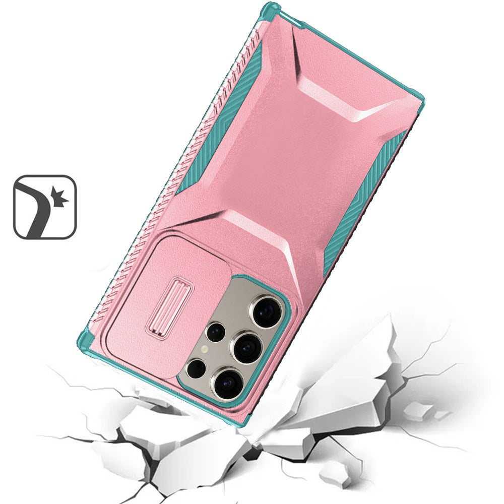 For Samsung Galaxy S25 Ultra Slim Fit Shockproof Hybrid with Slide Camera Window Covering, Rugged Tpu Silicone Hard PC Bumper Case Cover Pink-Teal