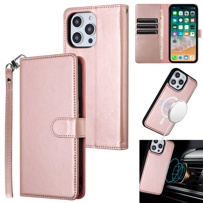 For Apple iPhone 16 Plus (6.7") Deattachable PU Leather Hybrid Wallet Money Credit Card Holder Support Magsafe Charger Case Cover Rose Gold