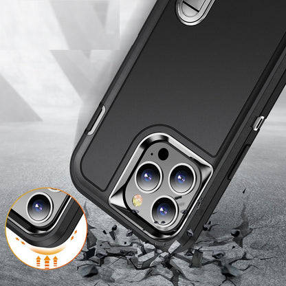 For iPhone XR Hybrid 3 Layers Hard 3in1 Shockproof with Kickstand Heavy Duty Hard TPU Rubber Anti-Drop Case Cover Black +Black