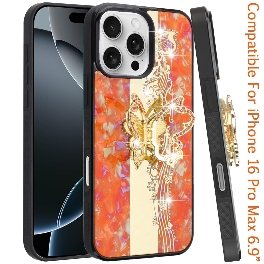 For iPhone 16 Pro Max (6.9") Diamonds 3D Fashion Bling Sparkly Glitter Ornaments Engraving Hybrid with Ring Stand Case Cover