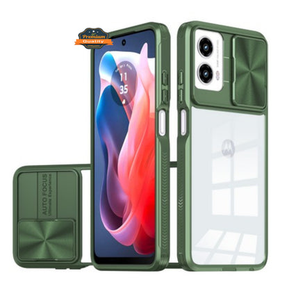 For Motorola Moto G 5G 2025 Hybrid Slim Case with Slide Camera Protector, Shockproof TPU Clear Back & Color Frame Bumper Case Cover