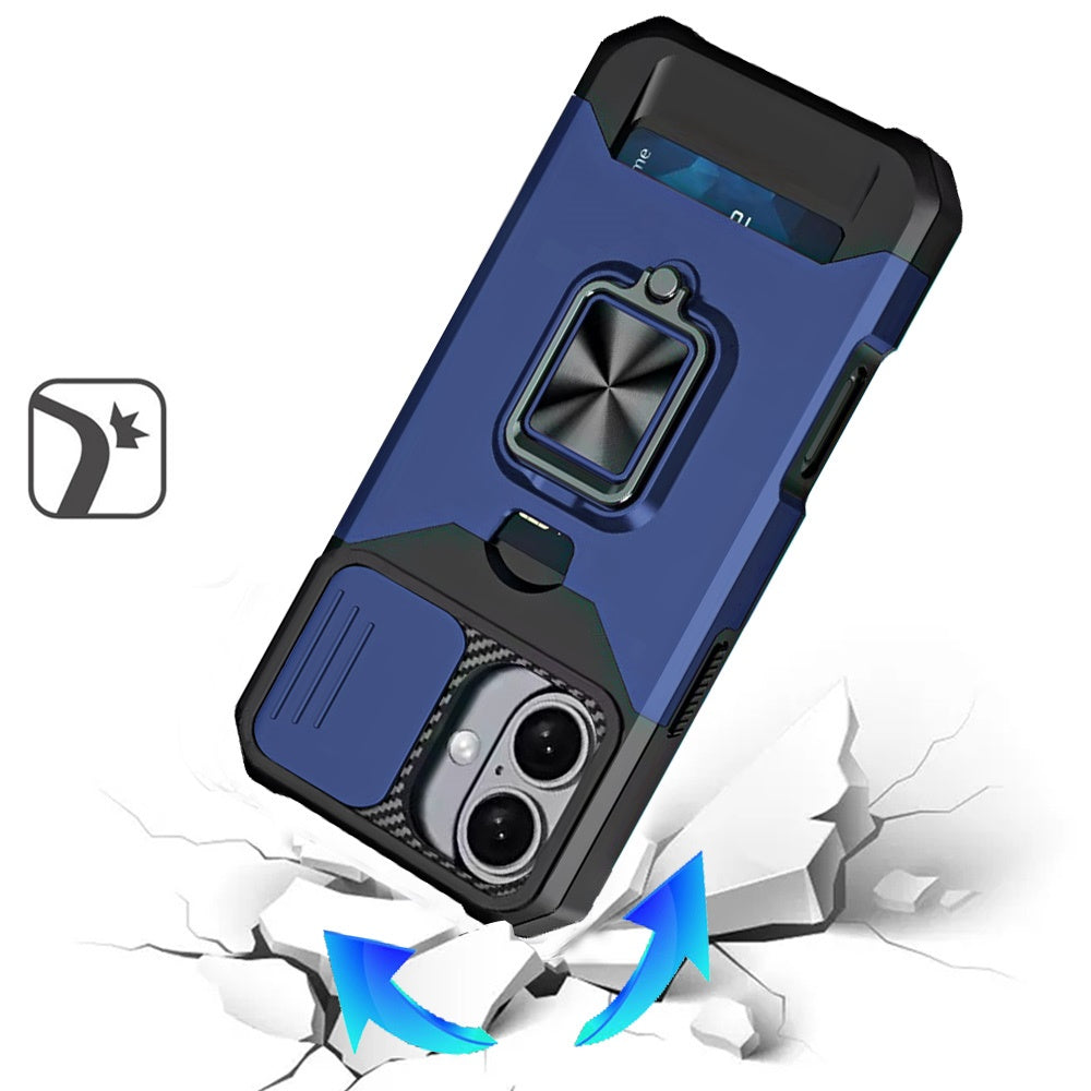 For Apple iPhone 17 (6.3") Wallet Case with Ring Stand & Slide Camera Cover Back Credit Card Slot Holder, Military Grade Case Cover