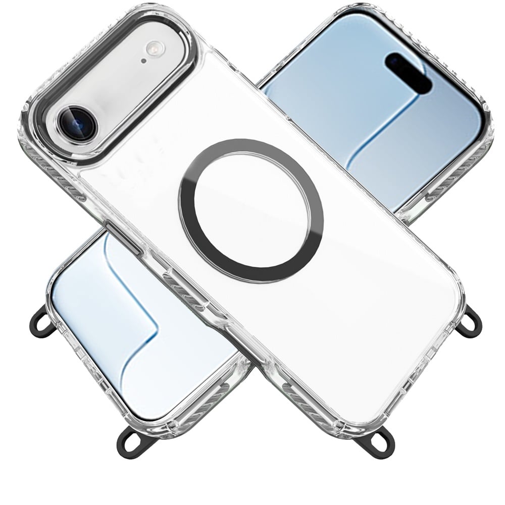 For Apple iPhone 17 Air (6.6") Clear Magnetic Frame PC Back Shockproof Protective Case with Detachable Lanyard Strap, Compatible with MagSafe Case Cover Black