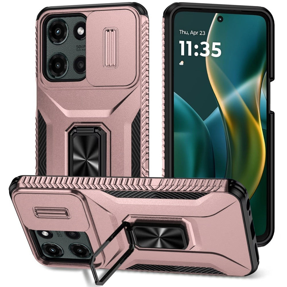 For Motorola Moto G Stylus 5G 2025 Case, Camera Cover with Magnetic Rotation Ring Stand, Military Grade Hybrid Hard TPU Shockproof Case Cover Rose Gold