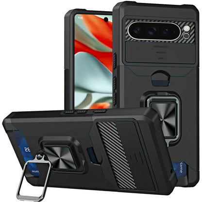 For Google Pixel 9 Pro XL Wallet Case with Ring Stand & Slide Camera Cover Back Credit Card Slot Holder, Military Grade Case Cover