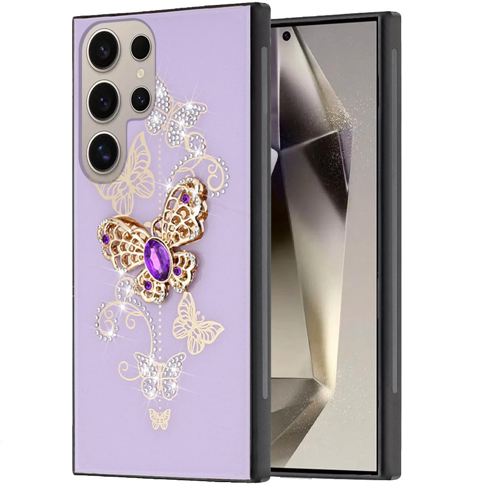 For Samsung Galaxy S25 Ultra Diamonds 3D Fashion Bling Sparkly Glitter Ornaments Engraving Hybrid with Ring Stand Case Cover