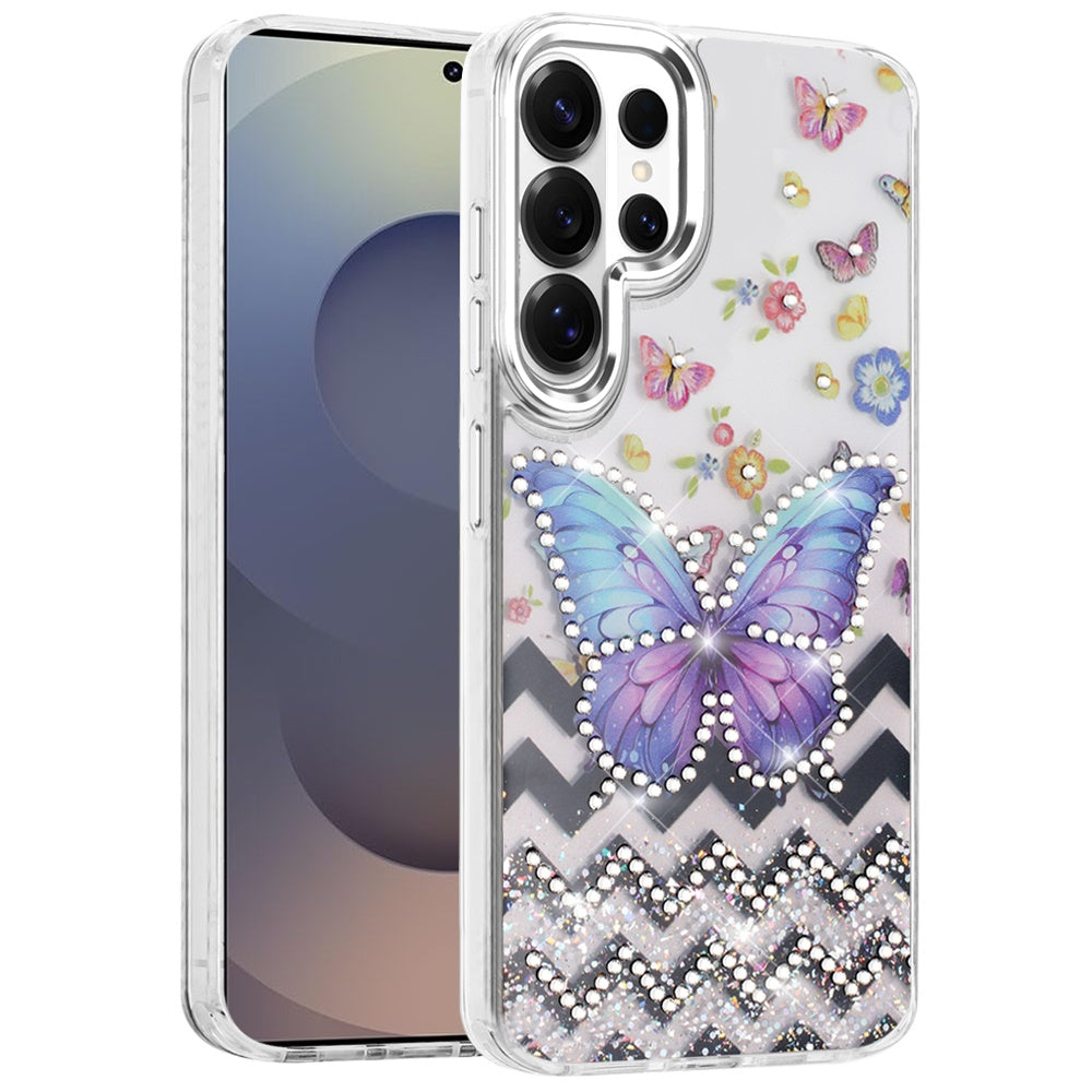 For Samsung Galaxy A57 Butterfly Resin Epoxy Diamond Design Metal Edged Hybrid Shockproof Heavy Duty Drop Protection Case Cover