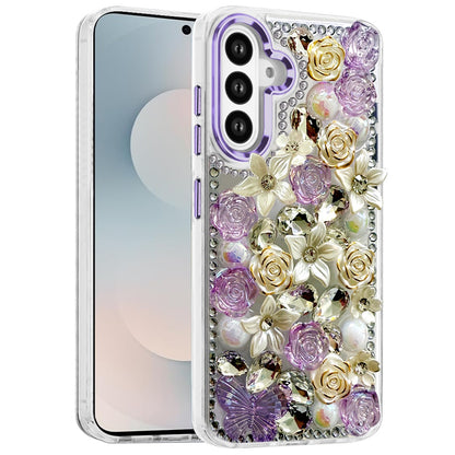 For Samsung Galaxy S26 3D Diamond Floral Roses Flower Bling Stone Hybrid, Sparkly Rhinestone Gemstone Back Shockproof Case Cover