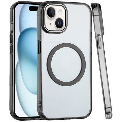 For iPhone 15 Plus (6.7") Transparent Back Hybrid Case - Magnetic Circle, Color Frame, Metal Buttons, MagSafe Compatible Case Cover Cosmic Orange